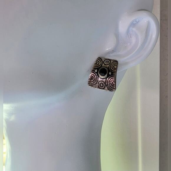 Aztec Art Deco Stud Earrings – Antiqued Silver with Black Stone, Pierced Ears - Picture 2 of 6